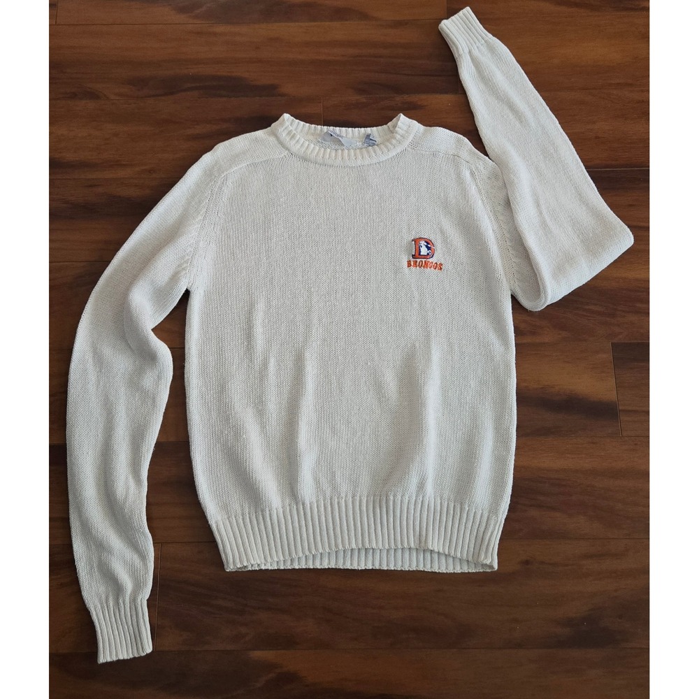 Vintage Logo 7 Denver Broncos Knit Sweater Creamy White XL Retro NFL Embroidered